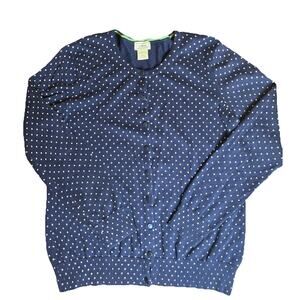 LL Bean 100% Cotton Button-up Knit Cardigan Navy W/ Tan Polka Dot Wm Sz L Whimsy